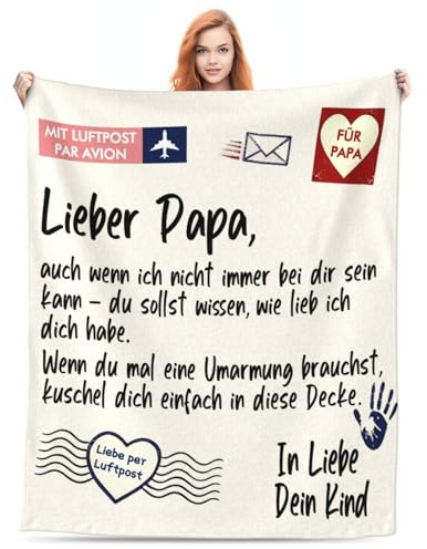 FestiKiva Kuscheldecke für Papa - Geschenk für Vater zum Vatertag & Geburtstag - Flauschige Luftpost Brief Design Wohndecke 150x130cm mit Spruch Lieber Papa (Retro-Gelb)