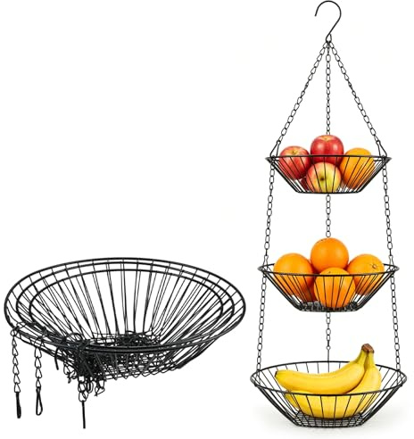 Obstkorb Hängend Schwarz - 3 Etagen Hängekorb Küche, Metall Hängender Obstkorb mit Haken für aufbewahrung Obst Gemüse Brot und Lebensmitteln, Vielseitiger Blumenkorb Wandkorb zur Dekoration 74x28 cm
