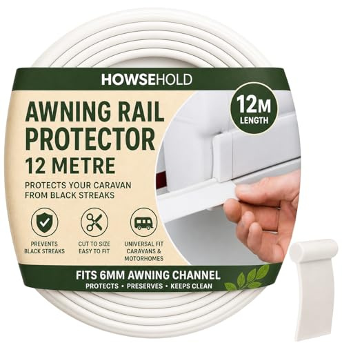 HowseHold Awning Rail Protector Strip (12 Meters) Beading for Caravan Motorhome Campervan | Prevents Black Streaks & Dirt Build Up | 6mm Channel Insert Trim White PVC Cut to Size