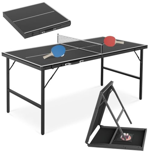 NAIZY Mini mesa de ping pong plegable 152,5 x 76 cm para interior y hogar | Mesa de ping pong al aire libre plegable negro/azul juego de tenis de mesa con pelotas de ping pong y red TT