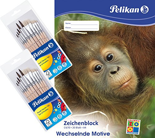Pelikan Zeichenblock A3 mit Tiermotiven (sortiert - keine Motivwahl möglich), 100 g/m², 20 Blatt - Kombi-Set (10 x A3 Zeichenblock + 2 x 10er Pinsel-Set)
