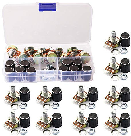 GTIWUNG 10 Stk. Linear-Potentiometer Mono Linear B10K Einzelpotentiometer WH148 3Pin Dreh-Potentiometer mit Muttern und Unterlegscheibe, Schwarzer Drehknopf Cap aus Aluminiumlegierung