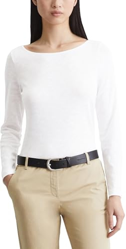 Marc OߴPolo Denim Damen Langarmshirt aus Bio-Baumwolle mit U-Boot-Ausschnitt, Weiß (Scandinavian White), XL