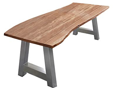SAM Esszimmertisch 200x100 cm Athen, Baumkantentisch naturfarben, Akazienholz massiv, A-Gestell aus Metall Silber