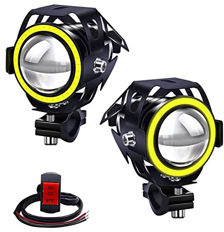 Biqing 2x Fari Moto Faretto Anteriore Giallo,U7 Motociclo del LED Fendinebbia 12V 24V Fari Ausiliari del LED Luce di Guida Add-On Fendinebbia 1 Modalità per Moto Scooter Auto Bici Camion Barca