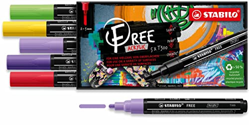 STABILO - Acrylmarker - FREE Acrylic - T300 Rundspitze 2-3mm - Vibrant - 5er Pack - mit 5 verschiedenen Farben