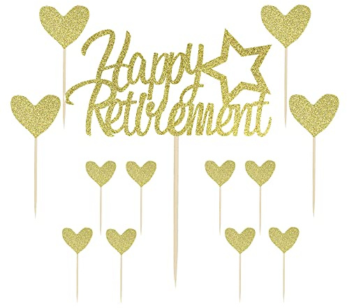 Siipoo 13 Pack Happy Retirement Cake Toppers with Heart Cupcake Toppers Gold Glitter Retirement Theme Party Cake Decoration