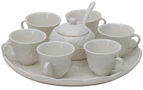 Hervit Vassoio in Porcellana Romance con 6 Tazzine da caffè e Zuccheriera con Rose in Rilievo - Scatola Regalo - Set da caffè, Tazzine caffè Espresso - Pausa caffè - Regalo Donna - Ø26cm