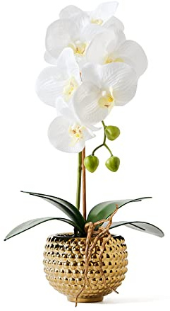 Hisow Orchids Artificial Flowers, 15 Faux Orchid in Gold Flower Pot Real Touch Flowers in Pot Large Flower Arrangements Artificial Centerpiece for Home Living Room Bathroom Kitchen Decoration (White)