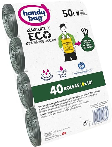 Handy Bag Bolsas de Basura 50L Resistentes Triple Capa, Antigoteo, Autocierre, 100% Plástico Reciclado, 10 Unidades
