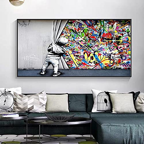 Street Art Banksy Graffiti Schwarz gerahmte Wandkunst Hinter dem Vorhang Leinwand Gemälde Bilder für Wohnzimmer Dekor 80x160cm/32x63in Schwarzer Rahmen