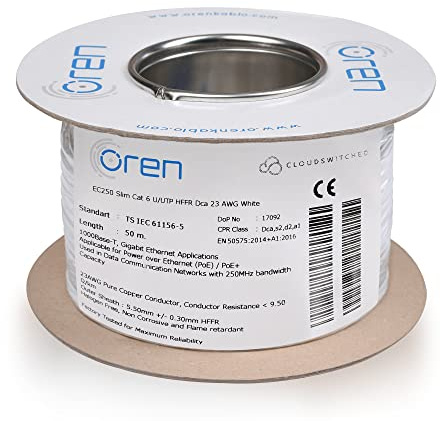 Oren CAT6 50 m Ethernet-kabel vit – smal – 23 AWG ren koppartråd – 250 MHz bandbredd UTP Internet LAN-nätverkskabel – halogenfri, icke-frätande – Gigabit höghastighets-Ethernet-kabel