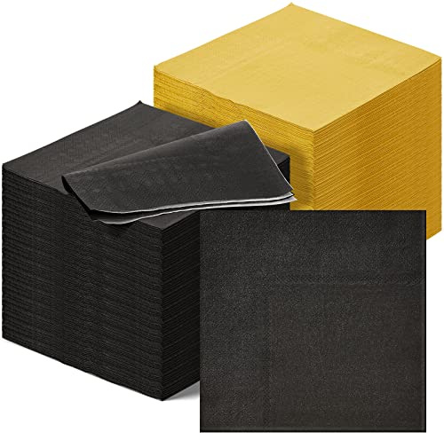 Henoyso 200 Pcs Cocktail Napkins Gold Disposable Dinner Napkins Bulk Square Paper Beverage Serviette for Graduation Wedding Party Birthday Lunch Drink Coffee Bar (Black,Gold)