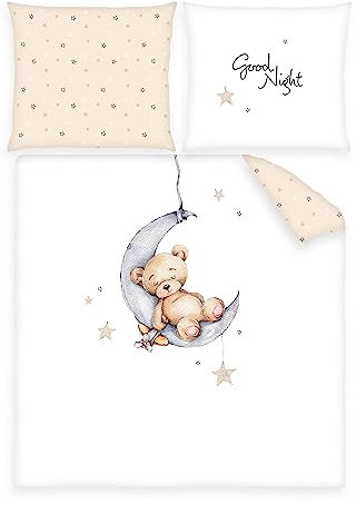Herding Wiegenbettwäsche-Set Teddy Bär, Kopfkissenbezug 35 x 40 cm mit Hoteleinschlag, Bettbezug 80 x 80 cm mit Hoteleinschlag, Baumwolle/Renforcé, Weiß, Twin