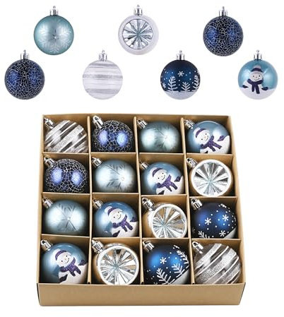 Valery Madelyn Weihnachtskugeln,16stück 6cm Christbaumkugeln Weihnachtskugel mit Geschenkpaket, Weihnachtsbaumschmuck Christbaumschmuck mit Aufhänger,deko Weihnachten,Thema Silber Blau