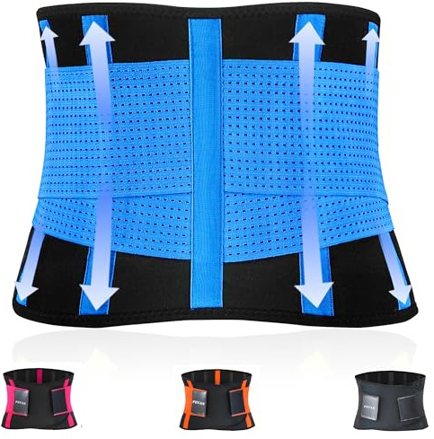 FEVAN Faja Lumbar Hombre y Mujer - Faja Abdominal Hombre y Mujer con Doble Ajuste de Velcro y Soportes Lumbares - Cinturon Lumbar para Aliviar Dolor de Espalda.(L/XL, Negro). (L/XL, Azul)