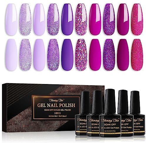 Shining She Pintauñas Semipermanentes 10 Colores Lavanda Morado Lila Glitter Esmaltes UV/LED Para DIY Nail Art Manicure 8ML