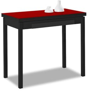 ASTIMESA - Mesa de Cocina Tipo Libro con Cajón - Mesa con Tapa de Cristal en Color Rojo - Minimalista - Estructura Madera Laminada Negra - Mesa Extensible de 80 x 40 cm a 80 x 80 cm