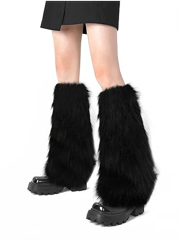 XEPST Damen Kunstpelz Beinwärmer Plüsch Beinwärmer, Mädchen Furry Fuzzy Beinwärmer Stulpen Damen für Winterwärmer Karneval Halloween Fasching Mottoparty Verkleidung, Schwarz