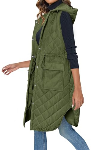 Wenrine Gilet lungo senza maniche da donna, invernale, trapuntato, con cappuccio e tasche, stile casual, CH