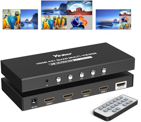 Yinker 4K HDMI Multiviewer 4x1 4K@30Hz Seamless HDMI Vierfach-Switcher 4 in 1 Out für Sicherheitskamera, Spielkonsolen Single/Quad/Dual/PBP Modi mit IR Fernbedienung