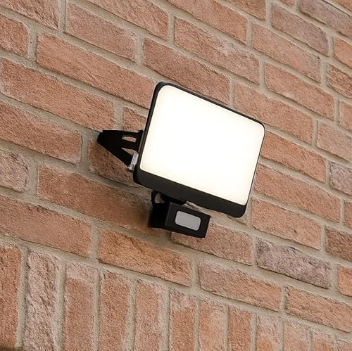 CGC Lighting Lighting LED PIR Motion Sensor Outside Outdoor Security Floodlight Black Body with Full Front White Opal Diffuser (30, Watts)