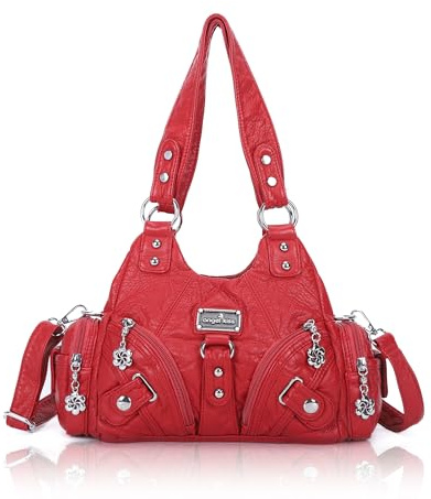 Angel Kiss Purses for Women Small Hobo Shoulder Bags Vagen Leather Multi-Pocket Tote Bag with Zipper (Red)