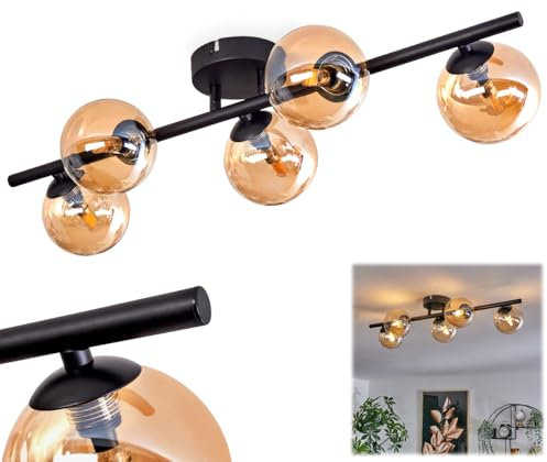 HOFSTEIN Deckenleuchte Chehalis, 5-flammige Deckenlampe aus Metall/Glas in Schwarz/Bernsteinfarben, Leuchte im Retro/Vintage-Design, Ø Schirme 10 cm, G9, Esszimmer, Schlafzimmer, Wohnzimmer, Küche