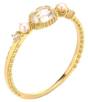 Skcess 18 Karat Gelbgold Verlobungsring Weiß Kristall Oval, Verlobungsring Ovaler Kristall mit Perle Ring Damen Größe 50 (15.9)