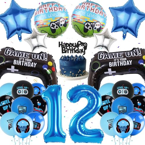 Videospiel Geburtstags Deko Für Jungen - 12. Geburtstagsdeko, 12 Zahlen Ballon Blaue, Kuchenaufsatz, Game Controller Folienballon Und Coolen Latex Luftballons für Kinder Game Thema Party Dekoration