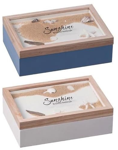 Scatola Porta bustine di tè, Tisane,infusi, in Legno MDF e Vetro,a Tema Marino,con Sabbia e Conchiglie,Contenitore, 24x17x8 cm
