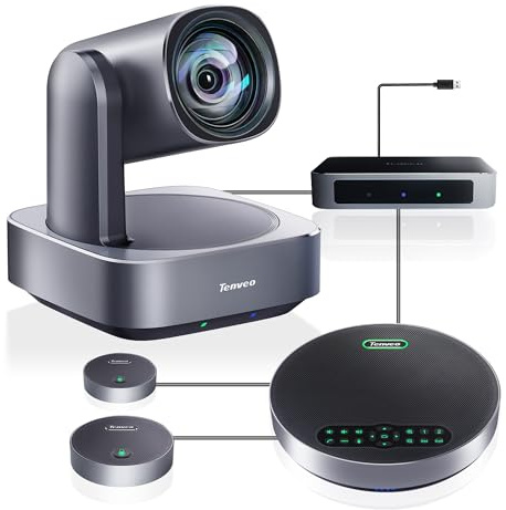 Tenveo 4K AI PTZ Konferenzkamera mit Bluetooth-Freisprecheinrichtung 2 Erweiterungsmikrofone 12-facher optischer Zoom Weitwinkelobjektiv Arbeitet mit Zoom Skype Teams für große Räume Remote Meeting