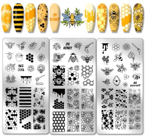 PH PandaHall 3 placas de estampado de uñas de panal de abeja, sello de uñas de miel de abeja de primavera, plantillas de arte de uñas, plantillas de arte de uñas, plantillas de uñas de acero