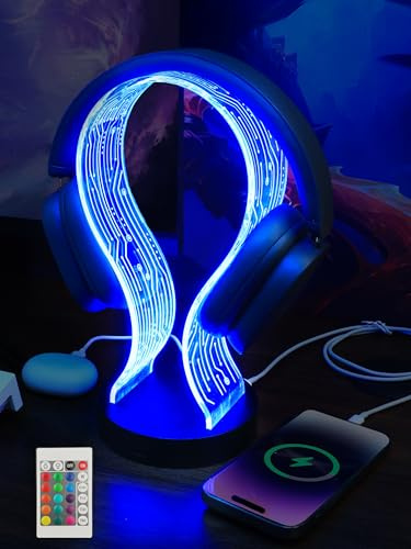 YuanDian LED Kopfhörer Ständer, 16 Farben RGB Beleuchtung mit Fernbedienung, Basis mit USB & Type-C Anschluss, Dimmbar Timer Funktion, Headset Halterung Geschenk für Gamer Freunde Musikliebhaber