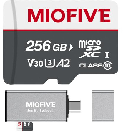Miofive Tarjeta de memoria de 256 GB, tarjeta micro SD con lector de tarjetas USB 3.0 Type-C, 170 MB/s, C10, U3, A2, V30, 4K para cámaras de salpicadero WiFi 4K y cámaras GPS