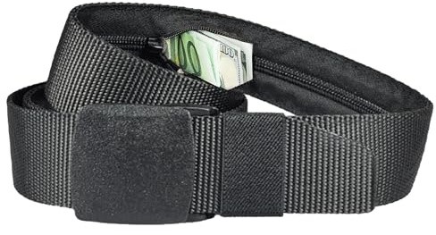 Bamyli Pengar bälte för resor med pengar hemligt fack dold dragkedja på insidan dolda pengar bälte icke-metallspänne för användning i nödsituationer, Svart, Belt size: 120 cm, Unisex