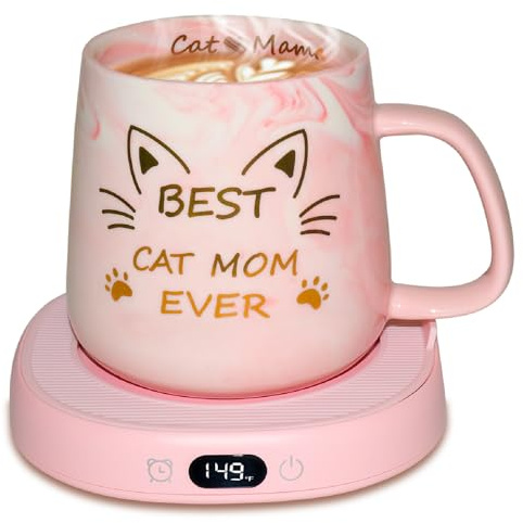 Tassenwärmer mit Katzen-Kaffeetasse, 3 einstellbare Temperaturstufen, Kaffeewärmer mit 2–12 Stunden automatischer Abschaltfunktion, digitales Display, Tassenwärmer für Schreibtisch, rosa