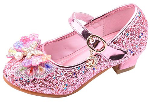 Högklackade skor flickor – prinsesskor flickor glitter skor paljetter prinsessa cosplay skor party bröllop sandaler eleganta flickskor med klack ballerinaskor, ROSA, 28