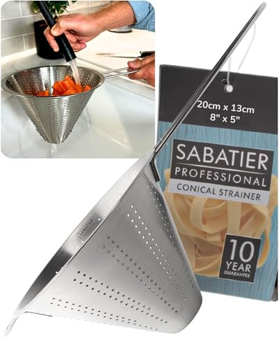 Sabatier Stainless Steel Professional Conical Strainer – Durable Sieve with Handle & Hook, Dishwasher Safe, Perfect for Straining Pasta, Rice, Vegetables, Fruit, Sauce, Stocks & Soup. Large 20cm Dia.
