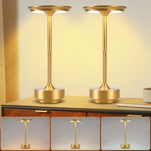 Nachttischlampe Kabellos Tischlampe Akku - LED Tischleuchte Touch Dimmbar | Lampe 2er Set mit USB Aufladbar Batterie Tischlampen Gold für Modern Fensterbank Wohnzimmer Kinderzimmer Schlafzimmer