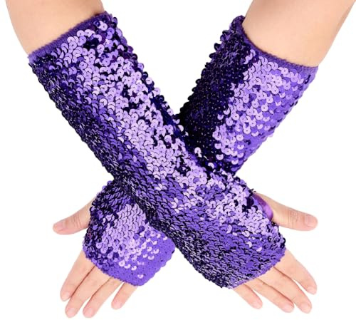 CABODYALS 1 Pair Sequin Fingerless Gloves Glitter Stretchy Arm Sleeves Sparkly Shiny Sequins Oversleeves Elastic Long Rave Gloves Bulk for Women Evening Party Costume Dance Accessories