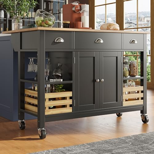 SogesHome Bewegliche Kücheninsel auf 4 Rollen mit klappbarer Tischplatte, Küchenschrank Küchenwagen mit 3 Schubladen, Regal & Kiefernkorb, multifunktional als Esstisch nutzbar, 120×45×90cm, Schwarz