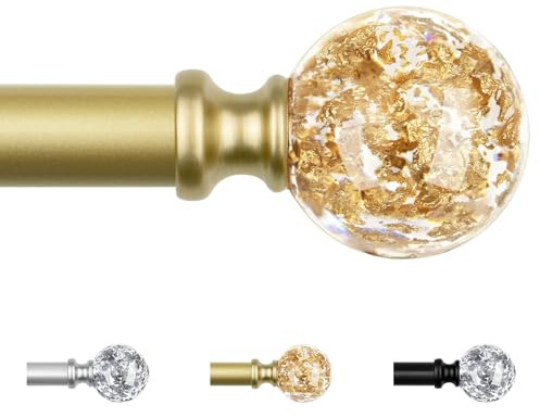 KAMANINA Extendable Curtain Poles 80-218 cm, Ø 19 mm Gold Curtain Pole | Adjustable Curtain Rod, Wall Mounted, Metal, Load 10 KG, with Round Translucent Finials, Decorative, for Living Room, Bedroom