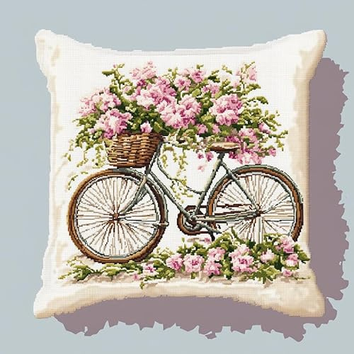 Wallphantom Kreuzstichkissen Set,Blumenkorb Fahrrad,Kissenbezug Zum Sticken Kreuzstich,45X45cm Stickkissen mit Muster Stickset Kreuzstich Kissen