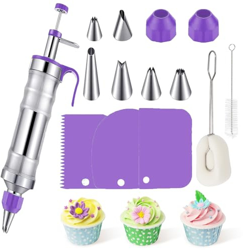 Dessert Decorating Syringe Set, Icing Piping Kit Stainless Steels Cake Decorating Tools 14 Professional Piping Nozzles Piping Tips Cupcake Making Equipment Decorating Kit for Cakes Baking