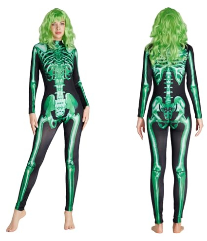 AudMsier 2PCS Traje de Esqueleto de Halloween para Mujer Mono de Esqueleto Verde Con Pelo Verde Cosplay de Carnaval