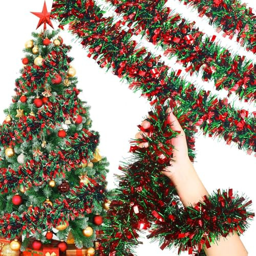 Onlvmyur 10 M Espumillon Navidad Artificial Rojo y Verde Espumillon Arbol Navidad