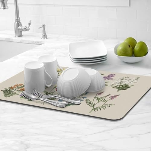 Tapis Vaisselle Absorbant pour Cuisine, Tapis Absorbant Vaisselle à Séchage Rapide, Tapis Égouttoir Vaisselle Absorbant pour Comptoir, tapis de machine à café Motif floral rétro sauge (30x50cm)