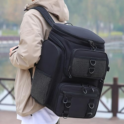 Yhenlovtt Große Kapazität, Angelaufbewahrung mit Rutenhaltern, wasserabweisend, Angelrucksack, Angeln, Wandern, Camping, Outdoor für Plus-Aktivitäten, Schwarz