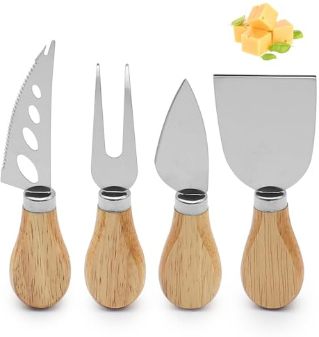 Vyranut Set di 4 mini coltelli da formaggio in acciaio inox – manici ergonomici per tortePer Cucina, Torte, Dessert e Formaggi, Lama Seghettata, Colore Argento